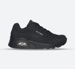 Women's Wide Fit Skechers 73690 Uno Stand On Air Walking Street Wear Trainers - Black/Black