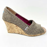 Toms Wedge Brown Metallic Herringbone Womens Open Toe Cork Heel Booties