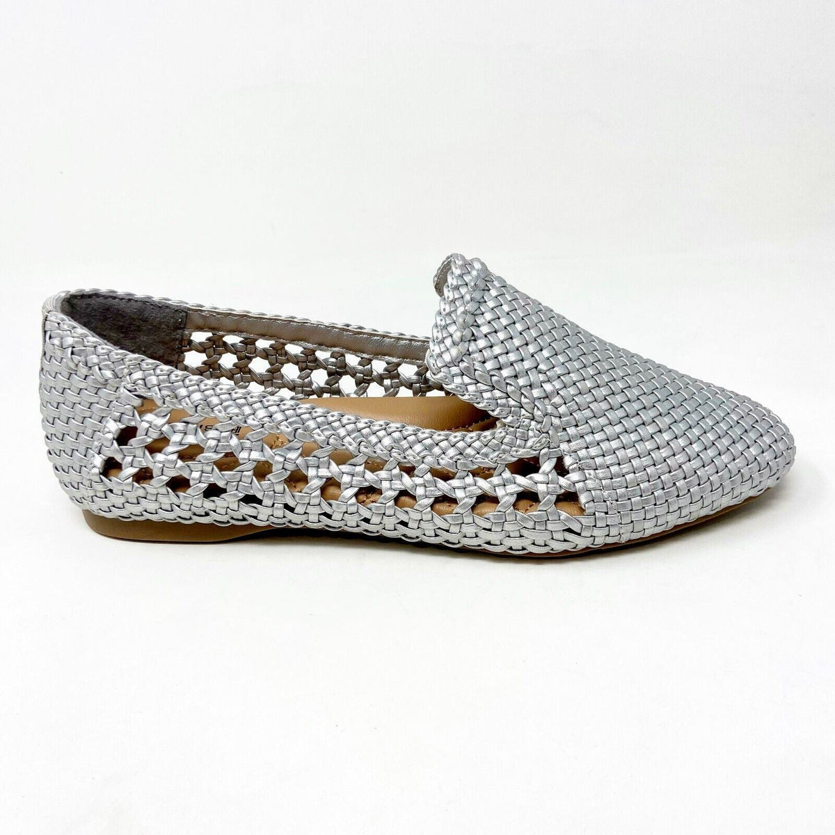 Birdies The Starling Silver Woven Womens Vegan Leather Slip On Flats Loafers